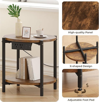 LIKIMIO Small Round End Tables Set of 2 with Charging Station, 2-Tier Wooden Side Tables, 15.8" W Modern Nightstands for Small Spaces, Living Room, Bedroom, Rustic Brown