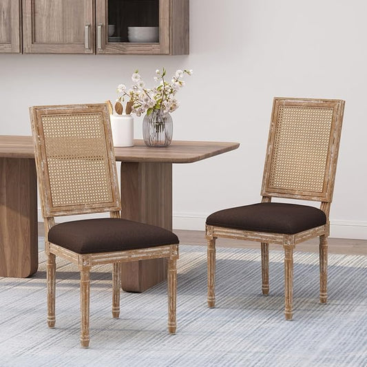 Merax Upholstered Solid Wood Dining Chairs Set of 2, French Country Style Accent Side Seating Furniture for Kitchen, Living Room, Wicker Back, Brown