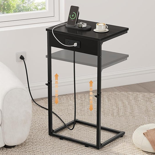 Vagusicc C Shaped End Table with Charging Station, Adjustable Height Side Table for Couch,Small Side Table Small Spaces, 33.2'' Tall Couch Tables that Slide Under, Tv Tray Table for Living Room, Black
