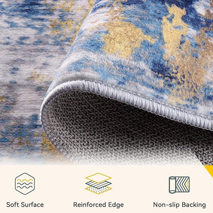 Washable Area Rugs 9'x12' Non-Slip Modern Abstract Soft for Living Room Entryway Bedroom Nursery, Print Pattern, Grey Blue Gold/Golden