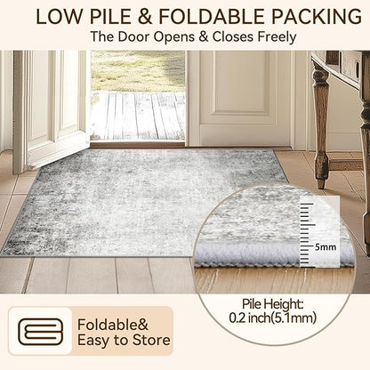 Washable Area Rugs 4ft Non-Slip Modern Abstract Soft for Living Room Entryway Bedroom Nursery, Print Pattern, Gray White Grey
