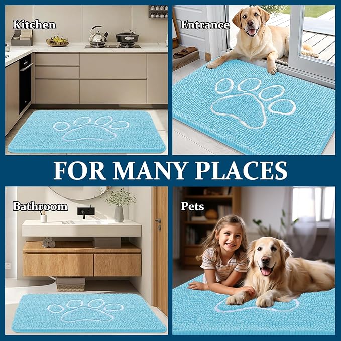 OLANLY Door Mat for Muddy Dog Paws 59x35, Ultra Absorbent Chenille Mud Doormat with Paw Print Design, Non-Slip Washable Doormat for Indoor Entryway, Quick-Dry Pet Bed Mats for Dirty Dogs, Blue