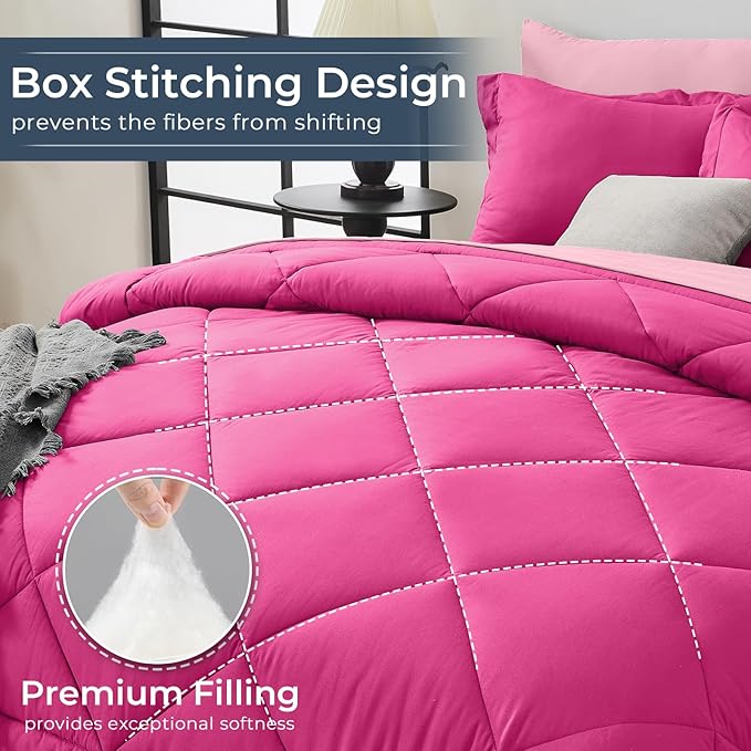 HEVUMYI Hot Pink & Baby Pink Cali-King Comforter Set - 7-Piece All Season Bed in a Bag Cali-King, Ultra Soft Bedding Set with Comforter, Flat Sheet, Fitted Sheet, Pillowcases, Pillow Shams