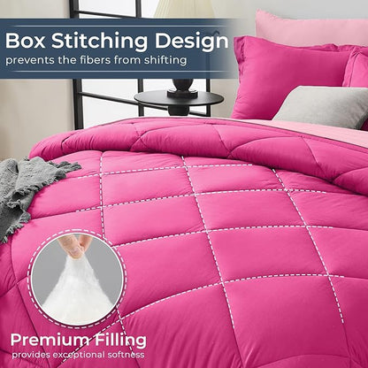 HEVUMYI Hot Pink & Baby Pink Cali-King Comforter Set - 7-Piece All Season Bed in a Bag Cali-King, Ultra Soft Bedding Set with Comforter, Flat Sheet, Fitted Sheet, Pillowcases, Pillow Shams