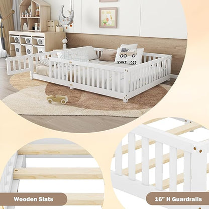 Queen Size Floor Bed Frame with Slats and Safety Guardrail, Wood Queen Size Montessori Floor Bed with Door and Fence, Easy Assemble Montessori Beds for Kids, Girls, Boys, White
