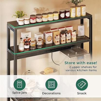 SUPERJARE Bakers Rack with Power Outlet, 35.4 Inches Coffee Bar with Wire Basket, Kitchen Microwave Stand with 6 S-Shaped Hooks, Open Storage Shelves, Black