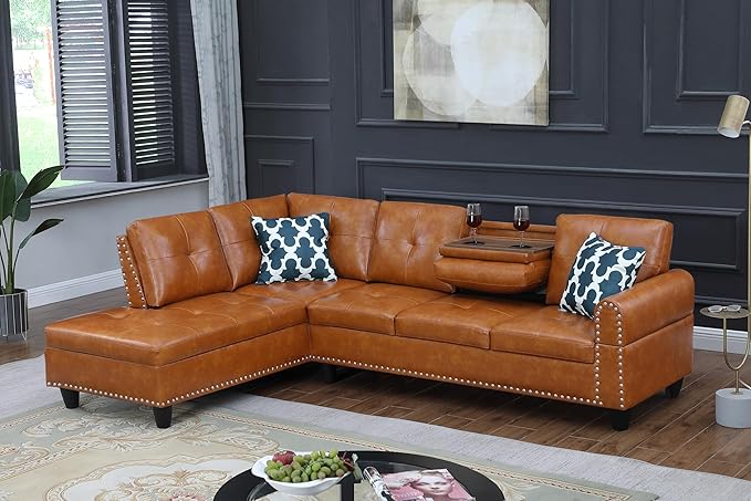 Ball & Cast 98" L Shaped Sectional Couch for Living Room with Chaise & Nailhead Trim,4 Seat Faux Leather Upholstered Modular Sectional Sofa Set 2 PCS W/Cup Holder & Coffee Table,for Home,Office,Ginger