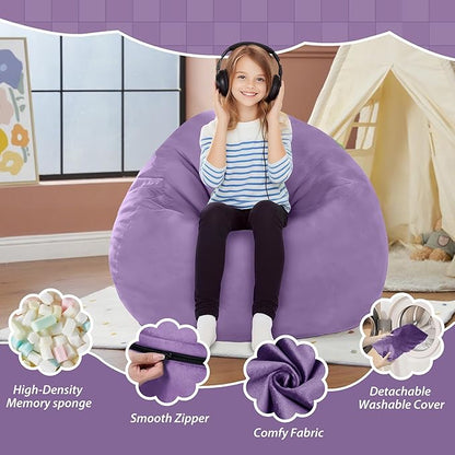 2FT Bean Bag Chair with Ultra Soft Velvet Cover Bean Bag Sofa with Memory Foam Bean Bag Chairs with Large Size Lazy Sofa for Dorm Office Living Room Bedroom Purple 2'