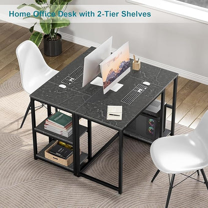 SINPAID Computer Desk 40 inches with 2-Tier Shelves Sturdy Home Office Desks with Large Storage Space Modern Gaming Desk Study Writing Laptop Table, Black Marbling