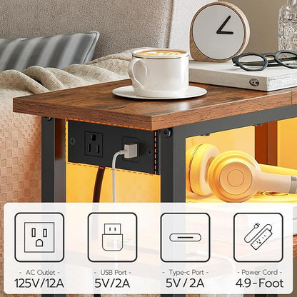 HOOBRO Narrow Side Table with Charging Station and LED Light, Set of 2, Small End Table with Storage, Skinny Nightstand Slim Bedside Table for Small Spaces, Living Room, Rustic Brown BF242UDBZP201
