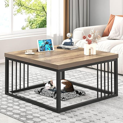 FOLUBAN Coffee Table, Modern Square Center Table for Living Room, Industrial Rustic Wood and Metal Cocktail Tea Table, 31.5 Inch, Oak