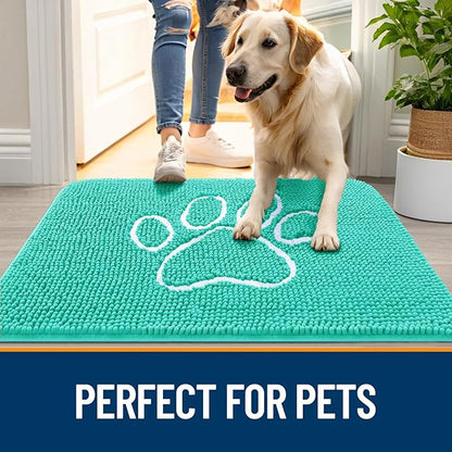 OLANLY Door Mat for Muddy Dog Paws 36x24, Ultra Absorbent Chenille Mud Doormat with Paw Print Design, Non-Slip Washable Doormat for Indoor Entryway, Quick-Dry Pet Bed Mats for Dirty Dogs, Teal