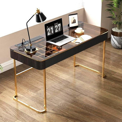 Lartis Modern Office Desk with Drawers,Glass Top Makeup Vanity Without Mirror Built-in USB Outlet Dressing Table Home Office Desk with Intelligent Socket,Very Easy to Assemble