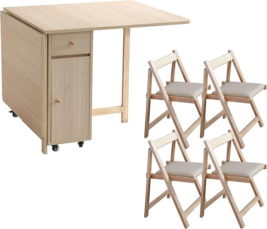 Wood Drop Leaf Folding Dining Table with 2 Drawers and 4 Wheels, Wooden Padded Chairs Set of 4, Space Saving Dining Table with 4 Chairs