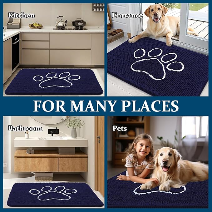 OLANLY Door Mat for Muddy Dog Paws 48x30, Ultra Absorbent Chenille Mud Doormat with Paw Print Design, Non-Slip Washable Doormat for Indoor Entryway, Quick-Dry Pet Bed Mats for Dirty Dogs, Navy Blue