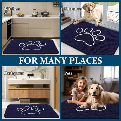 OLANLY Door Mat for Muddy Dog Paws 59x24, Ultra Absorbent Chenille Mud Doormat with Paw Print Design, Non-Slip Washable Doormat for Indoor Entryway, Quick-Dry Pet Bed Mats for Dirty Dogs, Navy Blue