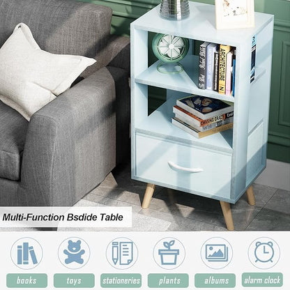 Night Stand, Blue Kids Nightstand with Drawer, Nursery Side Table with Open Storage, 3-Tier Modern End Table, Bedside Table for Small Space, Living Room, Bedroom