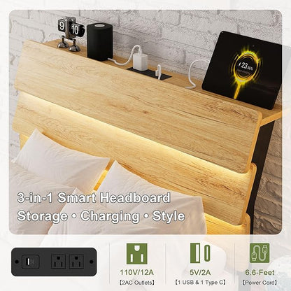 Feonase Floating Bed Frame Twin with Led Lights and Charging Station, Wood Full Size Bed Frame with Storage Headboard, Heavy Duty Metal Slats, No Box Spring Needed, Easy Assembly,Oak