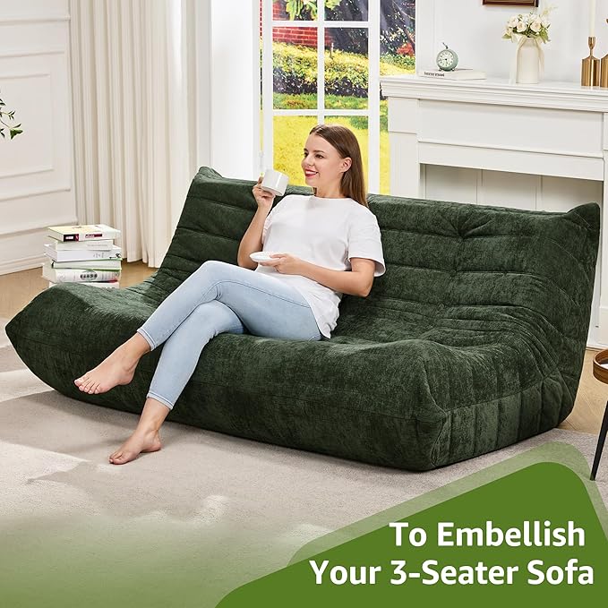 Hobestluk Bean Bag Chairs for Adults Giant Bean Bag Chair Memory Foam BeanBag Chair Bean Bag Sofa with Filler Faux Fur Fireside Beanbags Lazy Sofa for Living Room Bedroom (Green Chenille, 3-Seater)