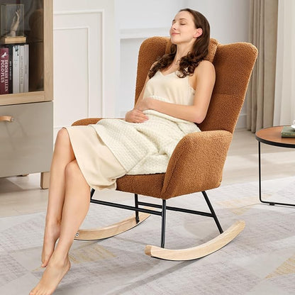Nursery Rocking Chair,300Lb Glider Chair with Wood Legs/Two Side Pockets,Teddy Upholstered Glider Rocker with Padded Seat High Backrest for Living Room/Bedroom/Nursery