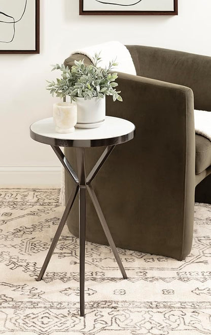 Kate and Laurel Gribben Modern Round Marble Side Table, 14 x 14 x 24, White and Gray Gunmetal, Tripod-Base Bedside Table for Display and Storage as a Bedroom Nightstand or Living Room Accent