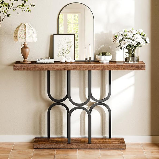 Huuger 47.2 Inch Entryway Table, Industrial Console Sofa Table, Narrow Accent Table, for Entry, Hallway, Entrance, Foyer, U-Shaped Metal Base, Rusitc Brown