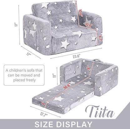 Tiita Kids Chair Couch, Folding Toddler Comfy Sofa Chairs, 2-in-1 Kids Plush Sofa Fold Out, Baby Armrest Chair Sofa to Lounger, Convertible Play Sofas to Bed for Girl or Boy, Grey Star