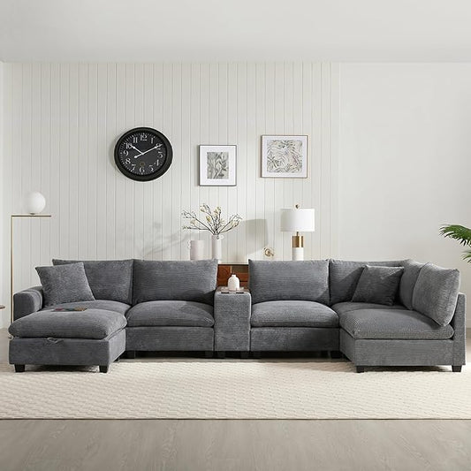 Merax 140'' Oversized Modular Sectional Sofa with Storage Ottoman and Console, Removable Storage Pockets, Cup Holder, Wide Seat, USB Charger, 6 Seat U Shaped Chenille Couch Set for Living Room, Gray