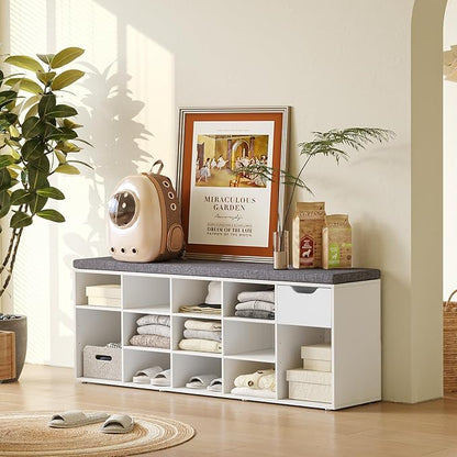DINZI LVJ Shoe Bench, Entryway Storage Bench with Drawer and 14 Cubbies, Long Cubby Shoe Rack with Adjustable Shelves, Organizer for Living Room, Bedroom, Mudroom, Garage, White
