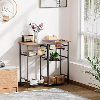 Kitchen Baker’s Rack, Microwave Stand with 2 Mesh Basket, Coffee Bar, 6 S-Shaped Hook, for Kitchen Storage Shelf, Living Room, Rustic Brown and Black