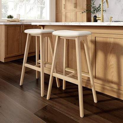 Plank+Beam Beryl Bar Height Stool - Mid-Century Modern Rubberwood Bar Stool with Faux Leather Seat, Metal Footrest, Easy Assembly, 4-Pack, Blonde/Sesame