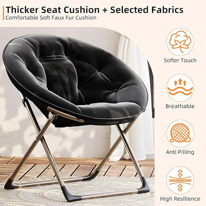 Comfy Saucer Chairs, Black Folding Reading Lounge Chair, Cozy Faux Fur Living Room Chair with Soft Thick Padded Seat & Metal Frame, Modern Style Bedroom Home for Kids Adults, X-Large, Gold Legs