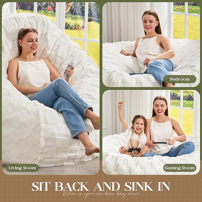 Hobestluk Bean Bag Chairs Beanbag Chair with Filler Adult Bean Bags with Fluffy Cover, Giant Bean Bag Chairs for Adults for Living Room, Bedroom (White, 4FT - 44” x 44” x 24”)