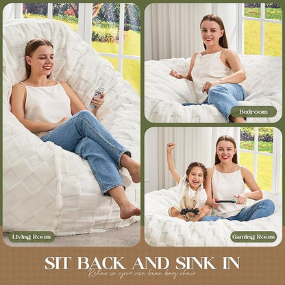 Hobestluk Bean Bag Chairs Beanbag Chair with Filler Adult Bean Bags with Fluffy Plaid Cover, Giant Bean Bag Chairs for Adults for Living Room, Bedroom (White, 3FT - 36” x 36” x 22”)