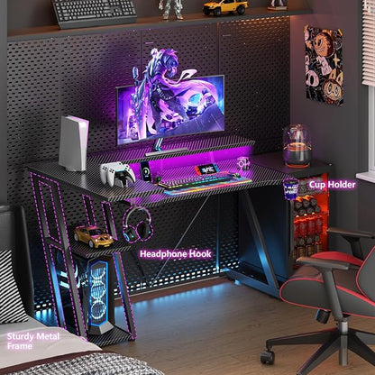 47 Inch Gaming Desk with Power Outlet & LED Lights, Corner Computer Desk with 3 Tiers Storage Shelves, Home Office Desk with Monitor Stand for Small Space, Carbon Fiber Black