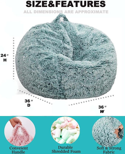 Fluffy Bean Bag Chair, 3FT Round Memory Foam Filled Bean Bag for Teens & Kids, Ultra Soft Faux Fur Fabric Bean Bag Chairs for Playroom, Living Room, Bedroom, Dark Green