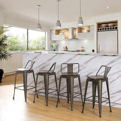 26 Inch Swivel Bar Stools Set of 4 with Backs Counter Height Industrial Metal Barstools Island Bar Chairs for Home Kitchen Dining Room (Swivel 26 inch,Rusty Wooden)