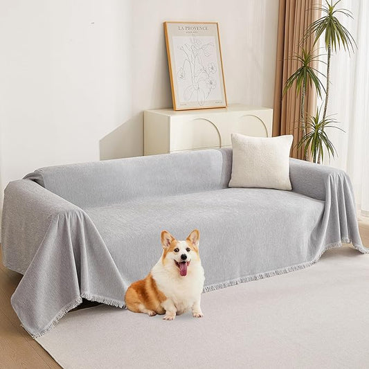 MYSKY HOME Sofa Cover for Dogs, Washable Boho Couch Cover Blanket, Thick Durable Tassel Water Resistant Furniture Protector, 71"x 118", Light Grey