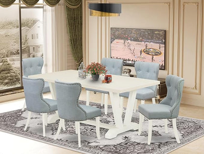 East West Furniture V027SI215-7 7 Piece Dining Room Table Set Consist of a Rectangle Kitchen Table with V-Legs and 6 Baby Blue Linen Fabric Parson Dining Chairs, 40x72 Inch, Multi-Color