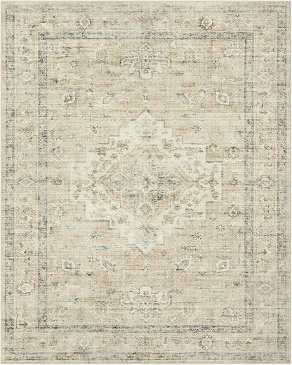 LIVEBOX Washable Area Rug 8x10 Rugs for Living Room Bedroom, Non-Slip Boho Neutral Carpet for Dining Room Office, Low-Pile Farmhouse Soft Carpets for Kids Nursery Room Playroom, Tan