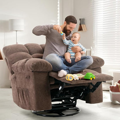 Rocking Recliner Chair,360° Swivel Rocker Chair for Living Room,Upholstered Fabric Glider Nursery Chair with Side Pockets for Small Spaces,Q235 Steel Frame Lazy Boy Recliner Single Sofa(Brown)