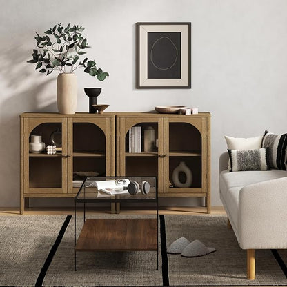 Nathan James Mason TV Stand, Free Standing Accent Sideboard Buffet, Credenza with Glass Doors and Adjustable Shelf in Brushed Light Brown Wood for Dining Room, Entryway and Living Room, Set of 2