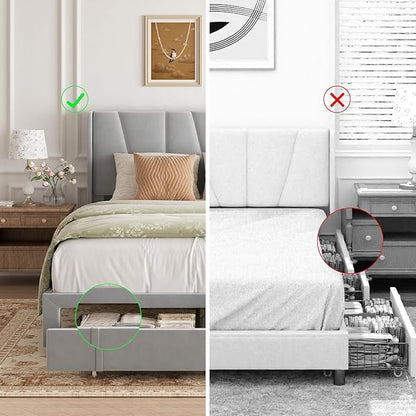 Queen Bed Frame with Storage Drawers, Upholstered Platform Bed with Headboard and Wingboard, No Box Spring Needed, Noise Free, Easy Assembly, Wooden Support Slats, Light Grey