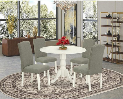 East West Furniture DLEN5-LWH-06 5 Piece Kitchen Table & Chairs Set Includes a Round Dining Table with Dropleaf and 4 Dark Shitake Linen Fabric Upholstered Chairs, 42x42 Inch, Linen White
