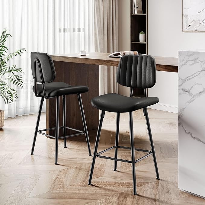 24-Inch Leather Bar Stools Set of 4, Counter Height Barstools with High Backrest，Bar Chairs for Kitchen Island with Heavy Duty Metal Legs, Black