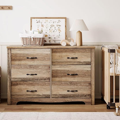 LINSY HOME 6 Drawers Dresser for Bedroom, 47" Wide Rustic Wood Dressers & Chests of Drawers, Modern Farmhouse Storage Dresser with Antique Handles for Closet, Living Room, Hallway, Rustic Brown