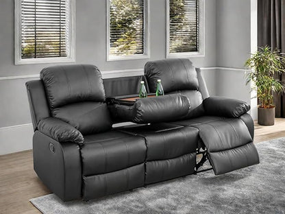 Leather Recliner Sofa Couch, 3-Seater Home Theater Seating Reclining Sofa, Power Reclining Couch with Cup Holders & Drop Down Table for Living Room Furniture Sets, Black