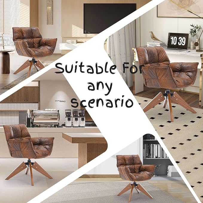 Mid Century Accent Chair, Hot Stamping Cloth Desk Chair no Wheel, Modern Cozy Vanity Chair Advanced & Wear-Resistant with Amrest, Wood Legs for Living Room, Reading Room, Bedroom, Brown
