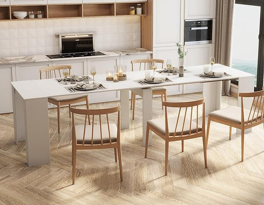 KEIKI 20"-118.5" L Extendable Foldable Dining Room Table for 1-10 People, Wood Multifunctional Rectangle Expandable Console Kitchen Living Meeting Room Furniture, 6 Tabletop Length Options, White