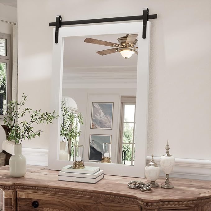 Farmhouse Bathroom Mirror, White Rustic Square Mirror for Wall Wood Framed Vanity Mirrors, Barn Door Style Decor Living Room Entryway Bedroom Mirrors, 18x26INCH (Hanging/Leaning)